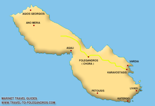 folegandros map - Travel to folegandros -  The cycladic island of folegandros, Greece complete guide with information on FOLEGANDROS, KARAVOSTASI, HORA - FOLEGANDROS, ANO MERIA, KARAVOSTASI BEACH, LIVADI, KATERGO, AMBELI, AGIOS GEORGIOS, LIVADAKI, AGIOS NIKOLAOS, AGALI, VARDIA, Church of the Virgin, The Chryssospilia Cave, Kastro, Folklore Museum, The Aspropounta Lighthouse, 